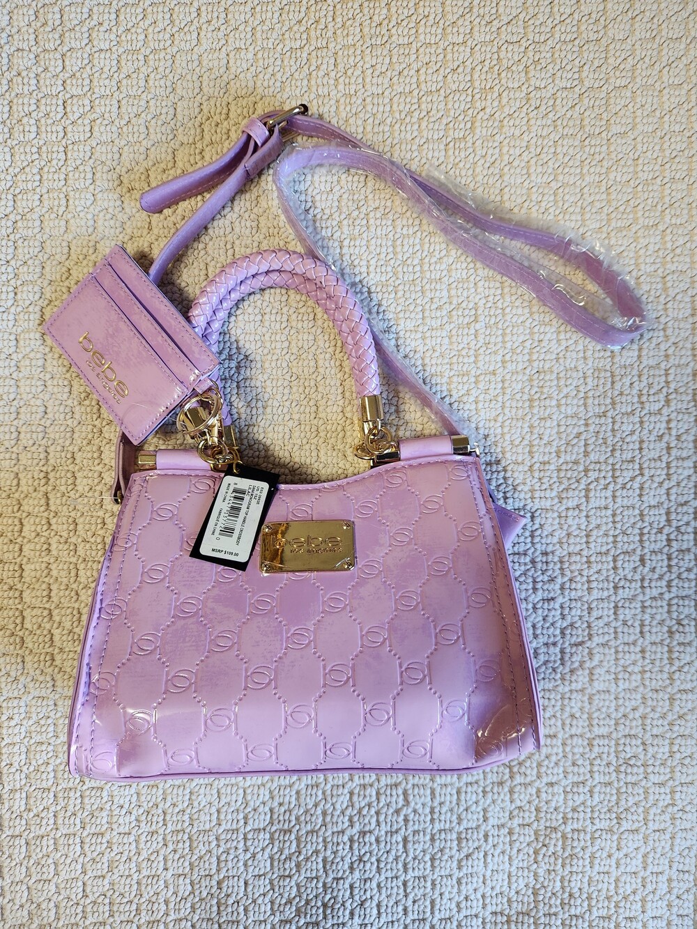bebe Dana Monogram Top Handle Crossbody Bag Lilac Patent Leather